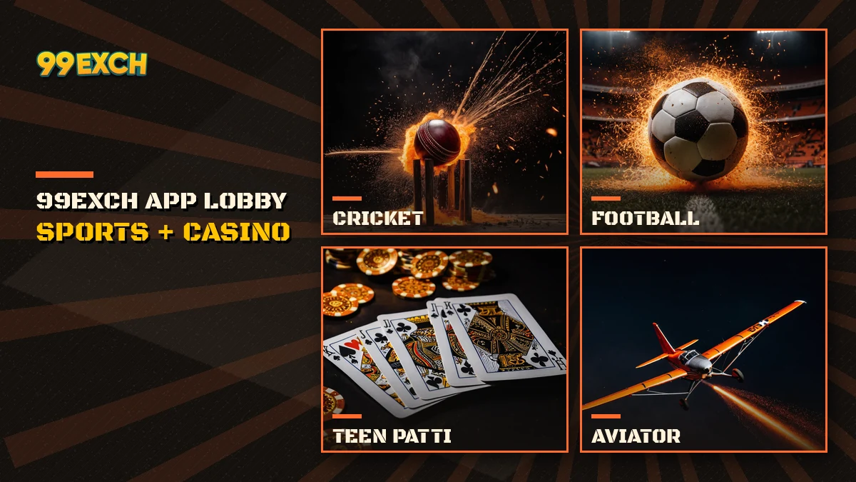 99Exch mobile app games lobby showing cricket, Aviator and Teen Patti tiles