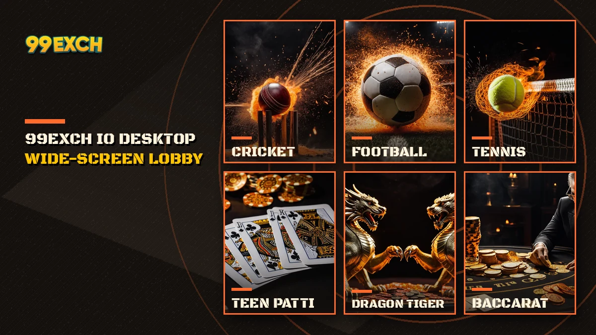 99Exch IO games lobby with cricket, tennis, roulette and baccarat on a laptop screen