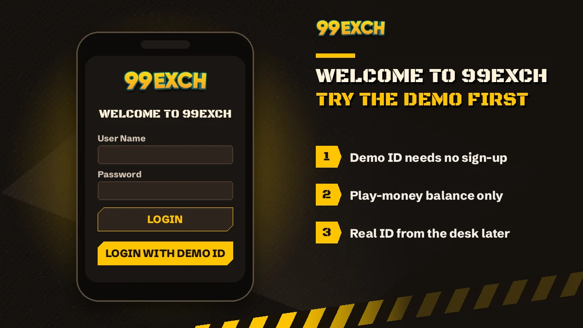 Welcome to 99exch sign-in card showing the Demo ID button beside the two fields